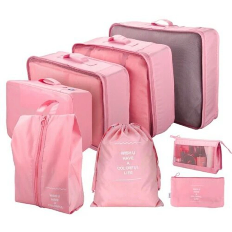 Pink 8 шт Дорожная сумка для хранения Набор для одежды багаж Упаковка Куб чемодан-Органайзер - Цвет: Pink
