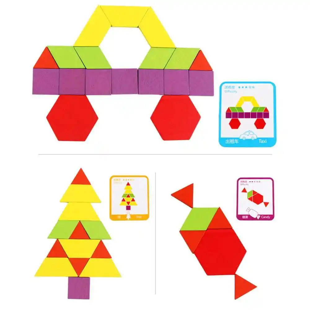 155Pcs Wooden Pattern Blocks With 24x Design Cards Tangram Montessori Games