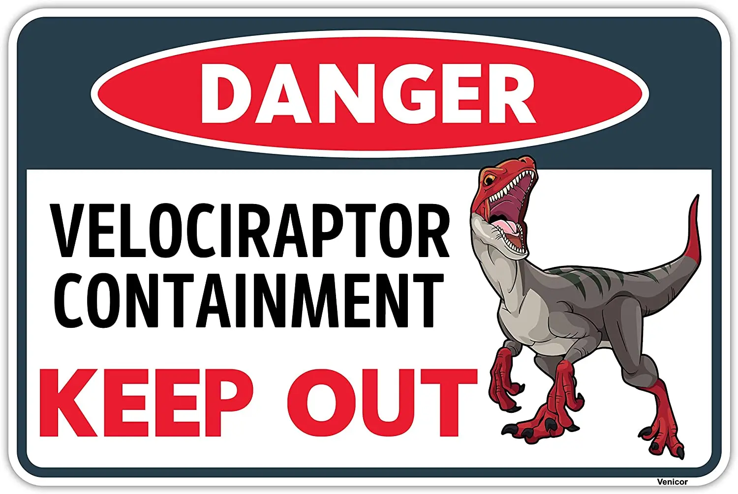

Venicor Velociraptor Dinosaur Sign - 8 x 12 Inches - Aluminum - Raptor Dinosaur Room Decor for Boys - Dinosaur Warning Bedroom