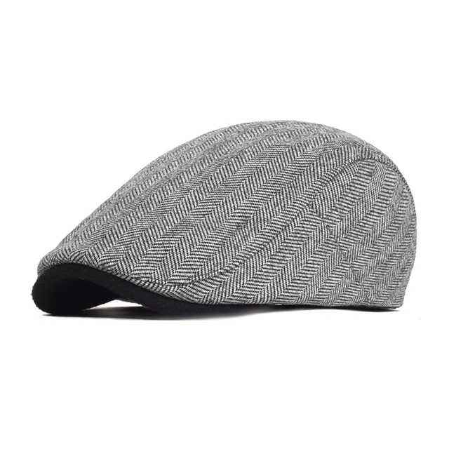 Winter Thick Newsboy Cap Men Vintage Herringbone Women Casual Stripe Berets Gatsby Flat Hat Peaked Cap Adjustable black