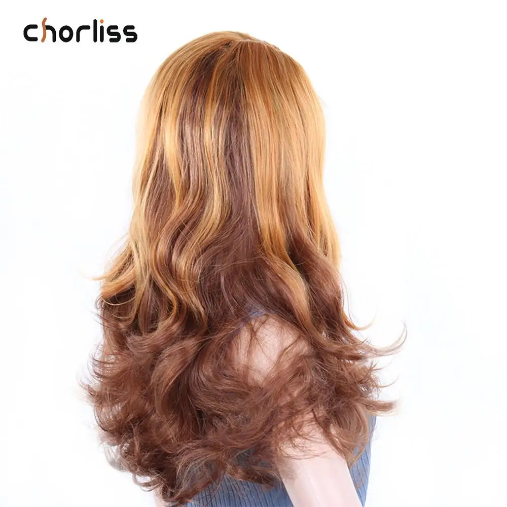 22inch Long Ombre Brown Wavy Wig Blonde Cosplay Synthetic Hair Lace Front Wigs For Women Glueless Hair High Temperature Chorliss