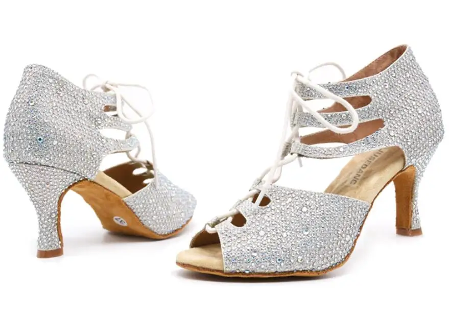 silver heel 6cm Танцевальная обувь для латинских танцев; женская танцевальная обувь на низком каблуке; Танцевальная обувь для девочек; обувь для джаза; женские блестящие стразы; JuseDanc - Цвет: silver heel 6cm