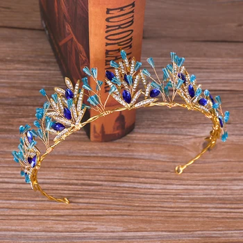 

Wedding Tiaras Crowns Princess Hairbands Blue Forest Design Luxury Crystal Hair Accessories For Women Bridal Gold-color Jewelry