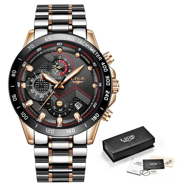 ROSE GOLD BLACK LIGE новые мужские спортивные часы Топ бренд класса люкс бизнес часы из нержавеющей стали мужские модные водонепроницаемые наручные часы Relogio Masculino - Цвет: ROSE GOLD BLACK