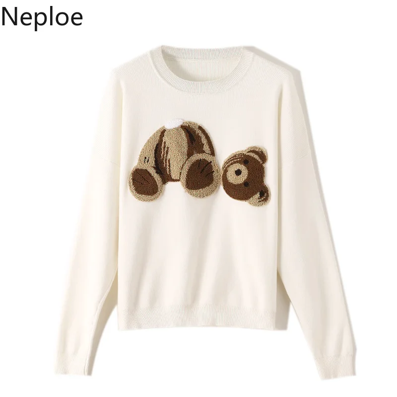 Neploe Pull Femme мультяшная аппликация медведь вязаные топы с длинным рукавом и О-образным вырезом Новая Вязаная одежда Джемперы женский пуловер свитер 55706
