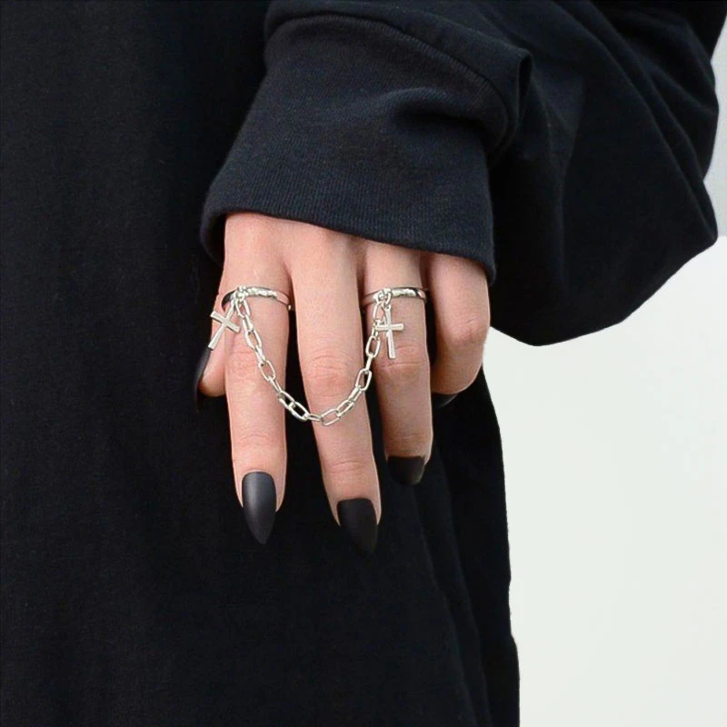 Chapado Retro Punk Hip-Hop Anillo cruzado Mano Cadena de dedo Anillos Chapado Retro Punk Hip-Hop Anillo cruzado Mano Cadena de dedo Anillos