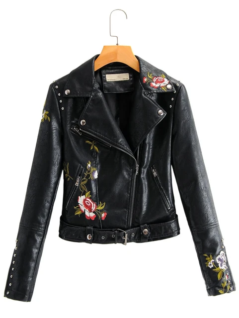 Ly Varey Lin Floral Print Embroidery Faux Soft Leather Jacket Women Pu  Motorcycle Coat Female Black Punk Zipper Rivet Outerwear