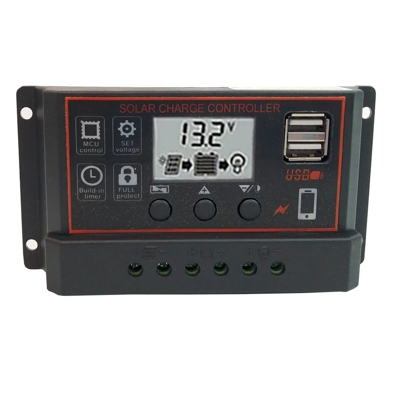 Новый Солнечный контроллер 10A 20A 30A PWM с ЖК дисплеем и выходом USB 5 В для зарядки