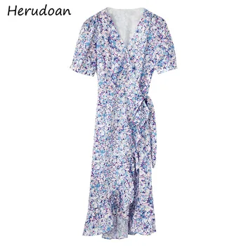 

Herudoan Fashion Designer Summer Dress Women V-Neck Puff Sleeve Bow Ruffles Print Slim Mermaid Party Knee-Length Dress