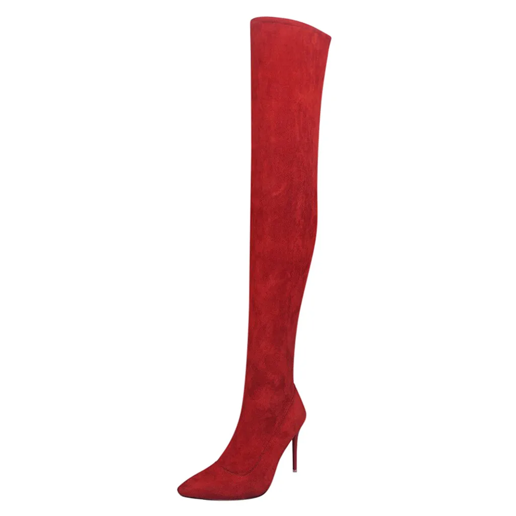 Модные женские высокие сапоги из флока на молнии с острым носком Сапоги выше колена на высоком каблуке; сезон осень-зима; дропшиппинг - Цвет: Red