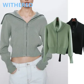 

Dave&Di 2020 spring england style simple solid big turn down collar zippers knitted cardigans jacket women sweaters women tops