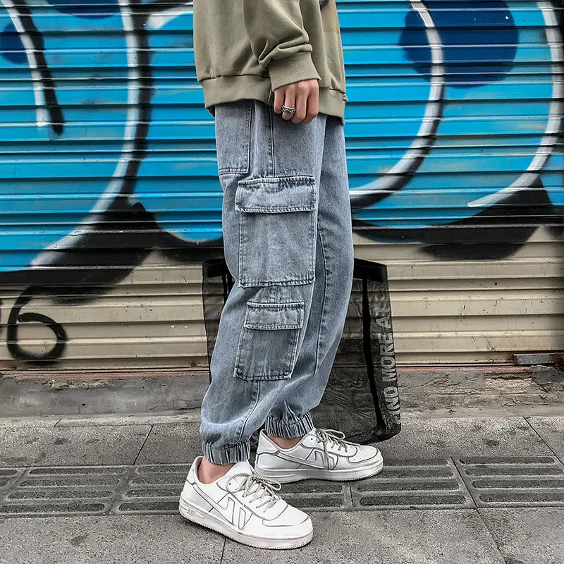 

Drawstring Straight Jeans Men's Fashion Retro Multi-pocket Tooling Jeans Pants Men Streetwear Loose Hip Hop Denim Trousers M-5XL