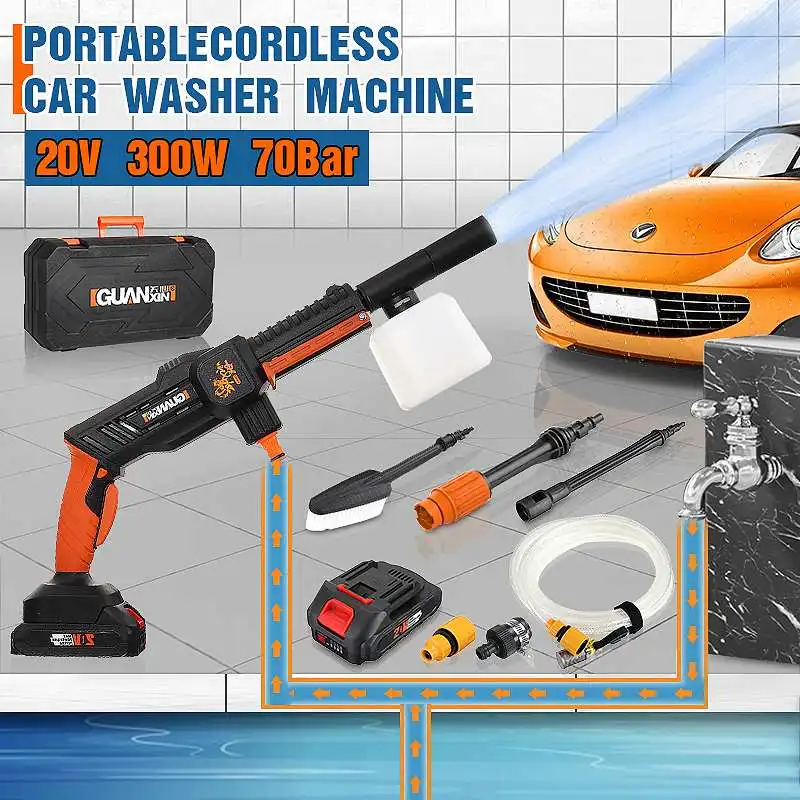 GUANXIN 20V Auto Portable High Pressure Washer Machine Power Washer Cordless Washer Gun With Foam Generator Nozzle Water Pump