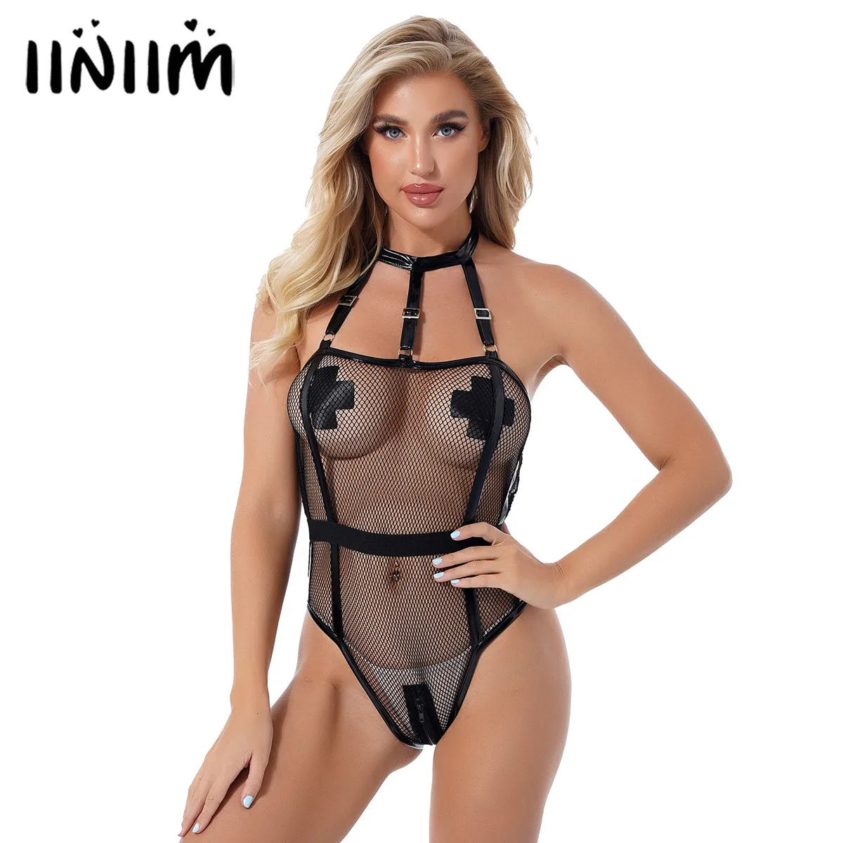 Sexy Women Erotic Lingerie Backless Bodysuit Alluring Mesh Underwear  Hollowed-out One-piece Mesh Clothing