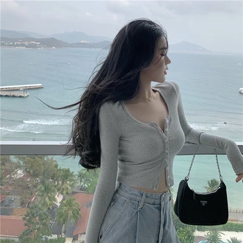 

2020 Summer New Korean Short Wear Long Sleeve Cardigan Top Women's Net Red Air Show Thin Slim Knit