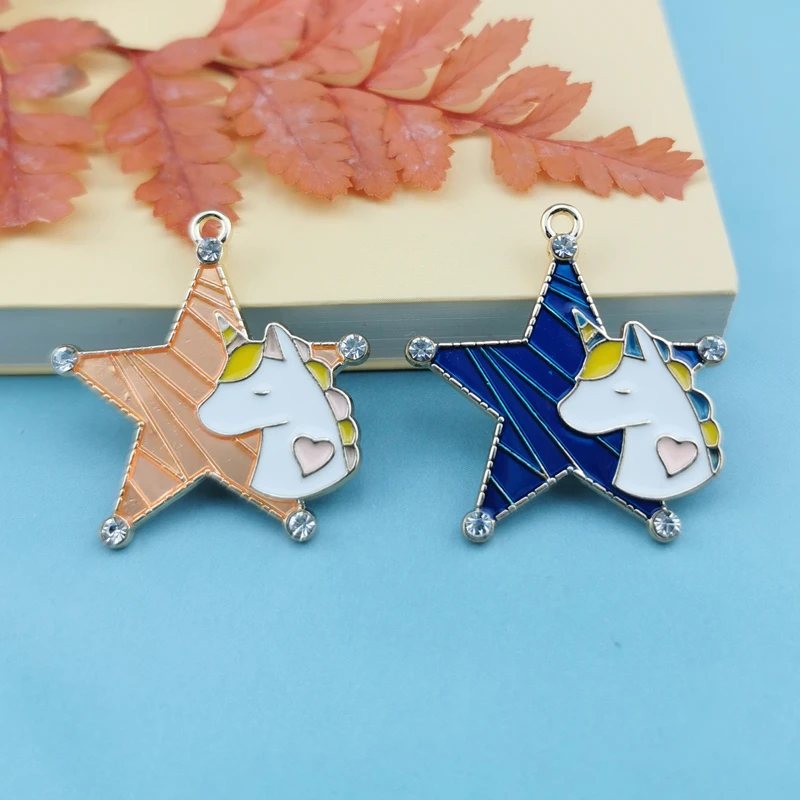 

10pcs Fashion Enamel Pentagram Star Unicorn Charms Oil Drop Floating For DIY Jewelry Accessories 35*37mm
