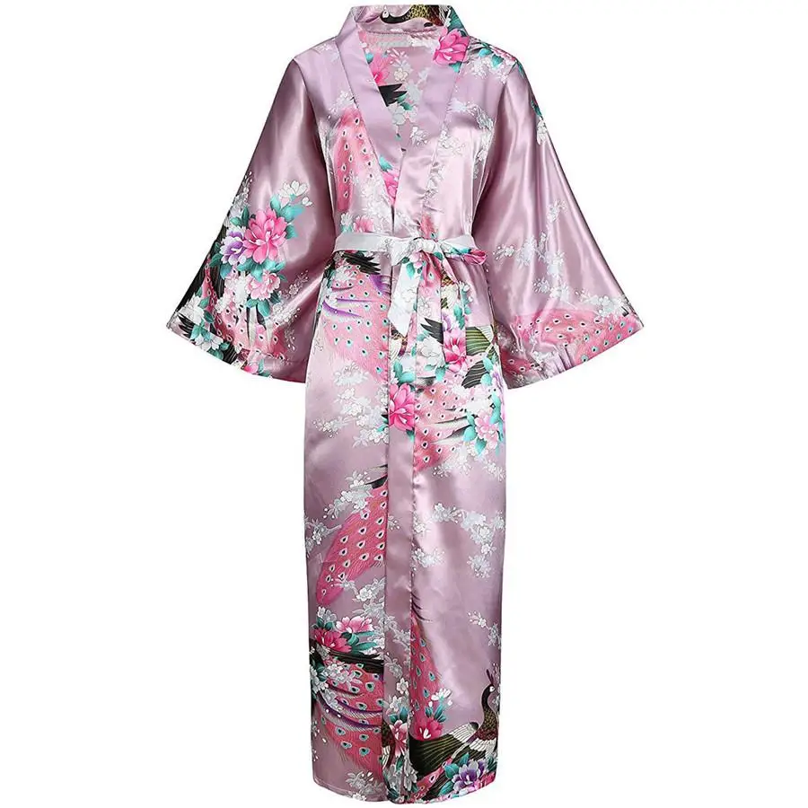 Женский халат с принтом павлина, кимоно купальный халат, сексуальная свободная ночная рубашка для сна, большие размеры 3xl, интимное нижнее белье, Неглиже - Цвет: Pink2