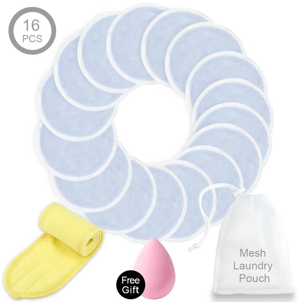 16blue and Headband Многоразовые подушечки для снятия макияжа из микрофибры Моющиеся ватные диски и повязка на голову для лица Make Up wrap Head махровая ткань с мешком для стирки - Цвет: 16blue and Headband