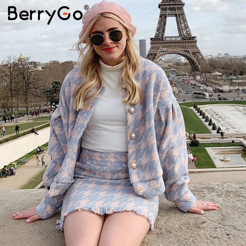 BerryGo, модная уличная одежда, клетчатое платье для женщин, шикарное, Осень-зима, синее, женское, теплое платье, повседневное, два предмета, однобортный костюм, комплект