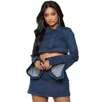 

Lady 2019 Fall Sexy Lady 2-Piece Blue Mini Skirt Set Ruffles Flare Sleeve Dress Set Sexy High Street 2 Piece Set
