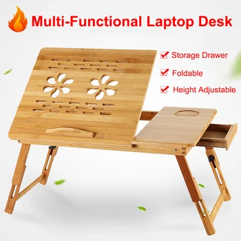 

Foldable Bamboo Laptop Desk Breakfast Serving Bed Tray Table Height Adjustable with Cooling Fan for Reading Writing Working