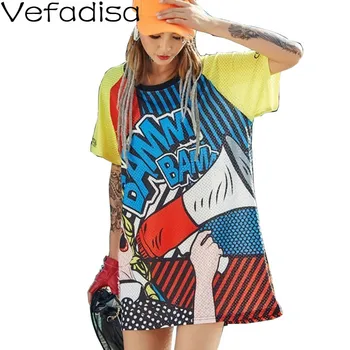 

Vefadisa Cartoon Print Women T-shirt 2020 Summer Stripe Mesh T-shirt Short Sleeve Long Tops Hip Hop Women T-shirt Loose ZLD797