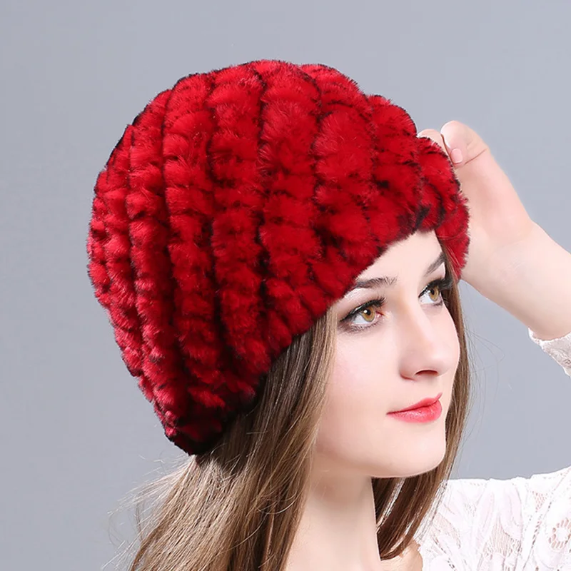 New Winter Lady Knitted Mink Fur Beanies Hat Knit Warm Striped Autumn Faux Fur Caps Women Good Elastic Streetwear Hat