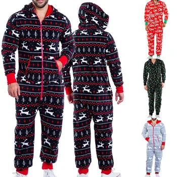 

Men Christmas 1-piece Pajamas Long Sleeve Sleepwear Long Jumpsuit Zipper Hooded Pajamas Men Nightwear 2020 Fashion Sleepwear Set