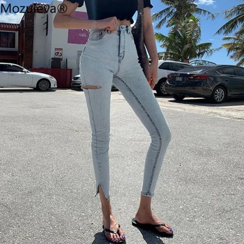 

Mozuleva Light Blue High Waist Stretch Skinny Women Jeans Pants Split Cuff Ripped Hole Female Pencil Jeans 2019 Women Trousers