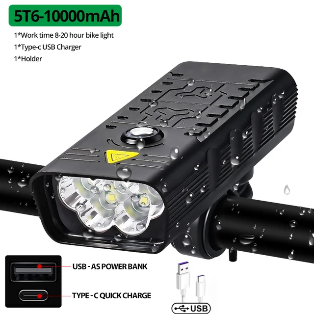 10000mAh Bike Light USB Rechargeable 5000 Lumens Bike Headlight 6T6 LED Super Bright Flashlight Front Lights and Back Rear light 5T6-10000mah