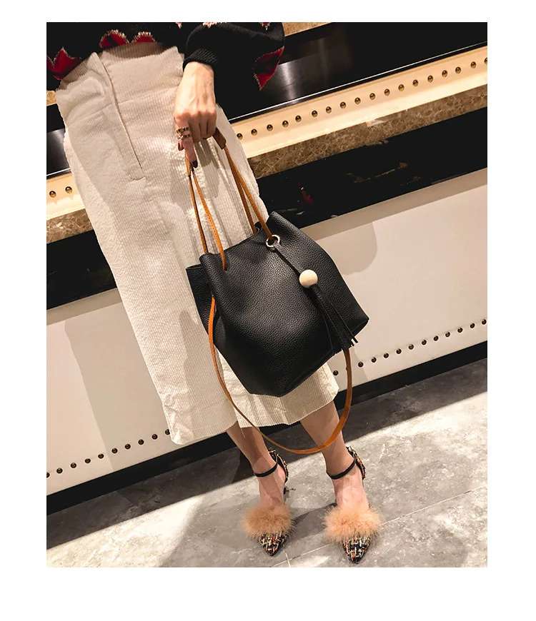 

Wooden Bead Tassel Bucket Different Size Bags Spring-Style Simple One-Shoulder Diagonal Handbag