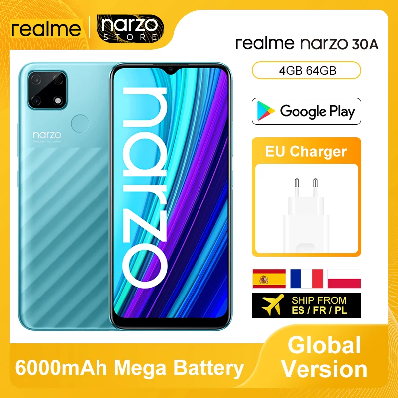 Versión global Realme Narzo 30A Smartphone 4GB 64GB Helio G85 6.5  Pantalla completa 13MP AI Cámara dual 6000mAh 18W Carga rápida