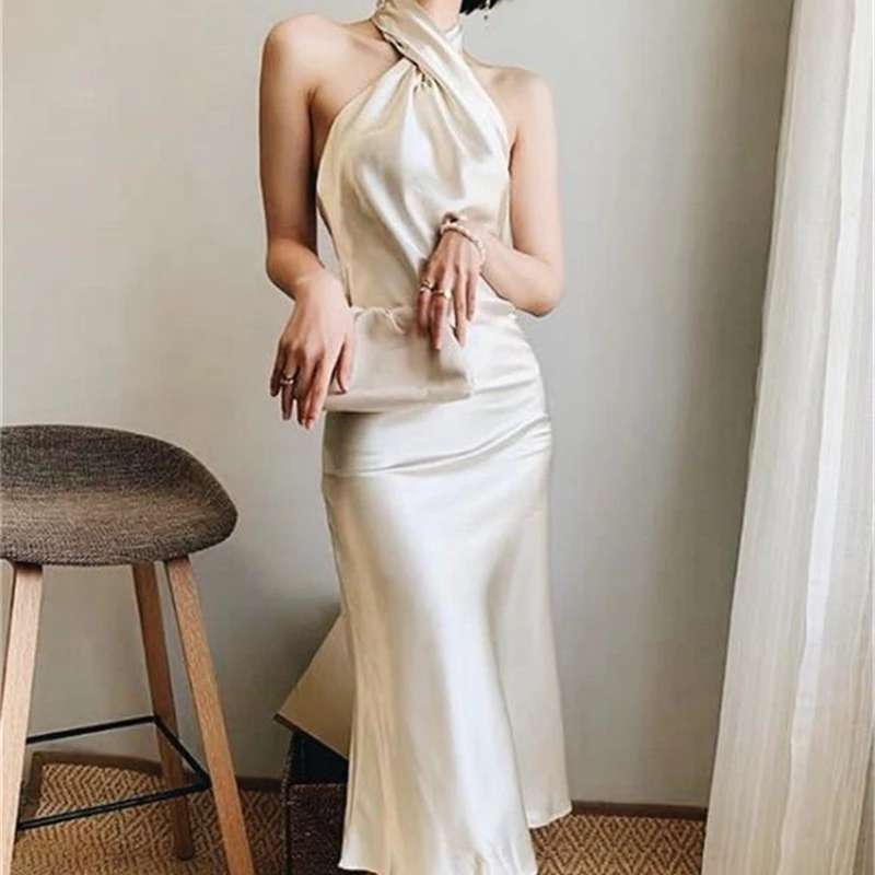 

Women's Party Dress Solid Color Open Back Halter Neck Slim Zipper Bag Hips Sexy Autumn Dress For Female