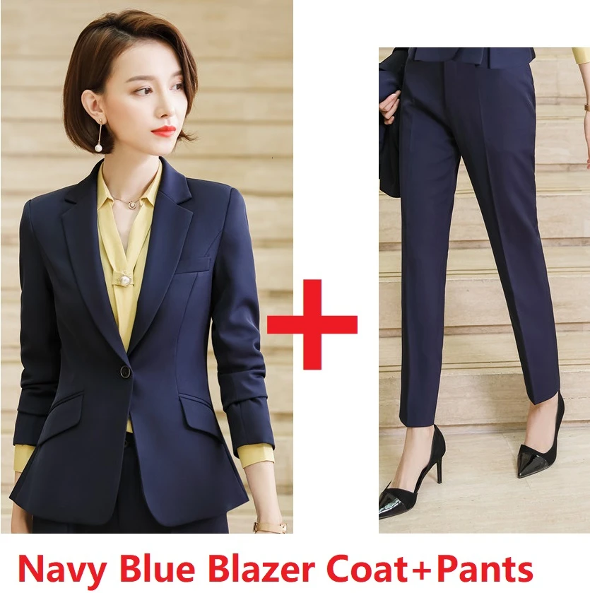 Navy Blue Женские деловые костюмы со штанами и куртками, пальто, OL стили, профессиональные брючные костюмы для дам, рабочая одежда, Осенние Зимние блейзеры - Цвет: Navy Blue