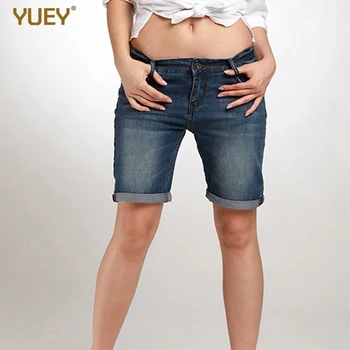 

YUEY European And America Style Women Denim Shorts Elastic Band Casual Washed Stretch Low-Rise Short Jeans Plus Size