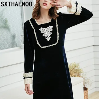 

SXTHAENOO Autumn & Winter Pyjamas Women'S Sleepwear Thick Dark Blue Velvet Court Retro Trumpet Sleeves Long Princess Nightdress