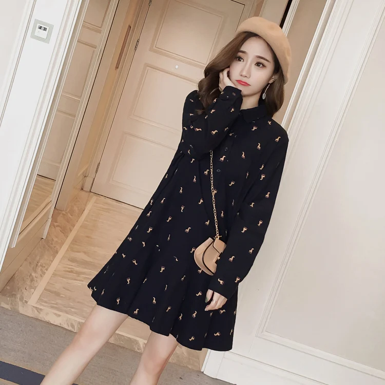 Pregnant Women Spring Cotton Dress Long Sleeve Turn-Down Collar Ruffles Patchwork Vintage Printed Maternity Shirts Fashion Dress