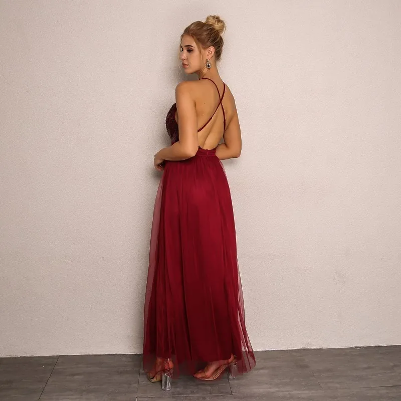 PFFLOOK Mesh Sequin Sexy Maxi Dress Women Deep V Neck Cross Back Backless Long Dress Elegant Sleeveless Solid Summer Party Dress