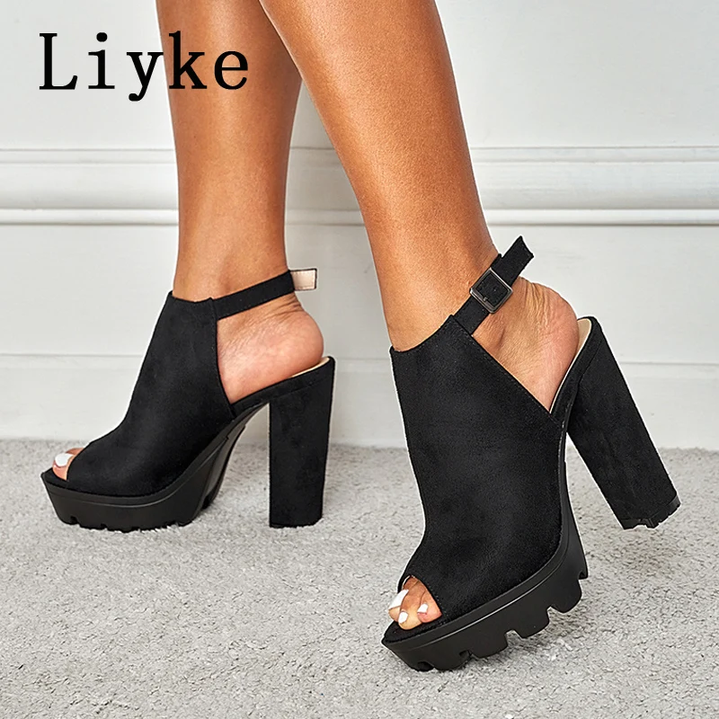 Liyke Women Chunky Platform Sandals Summer Flock Thick High Heels Open Toe Ankle Buckle Strap Ladies Shoes Casual women high heels,platform high heels sandals,platform sandals,ankle buckle sandals