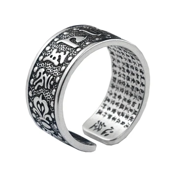 

Ring For Men Pure Silver 999 Sterling Fashion Fine Jewelry Retro Thai Silver Rings Six Mantra Opening Wide Band Religion Ring