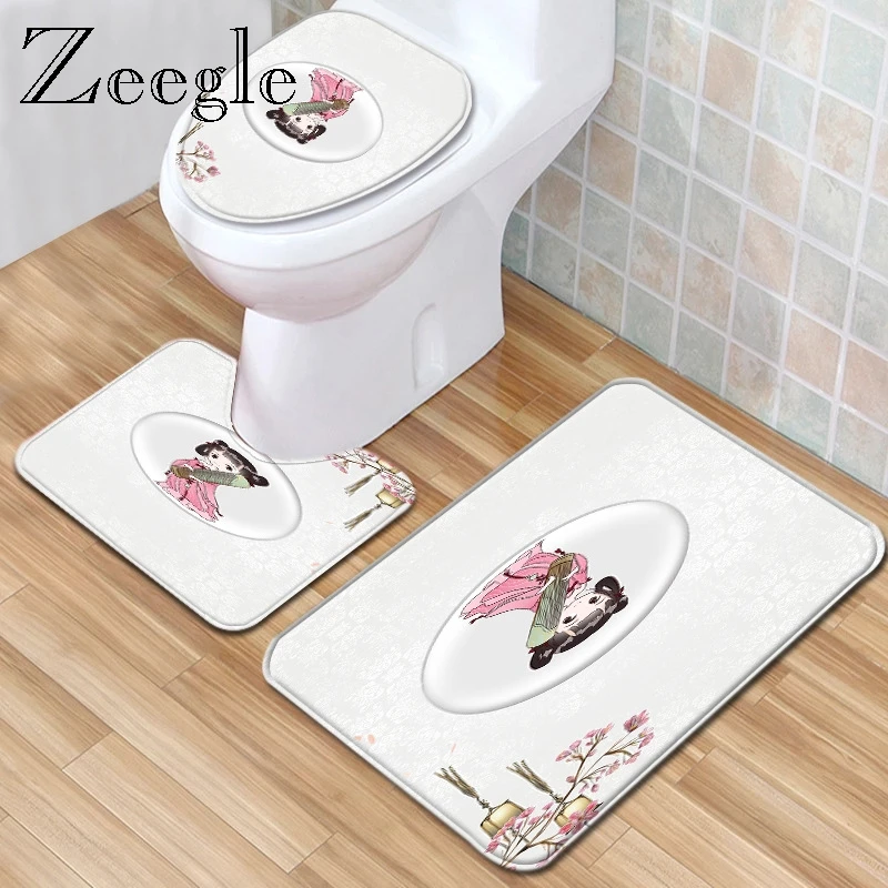 Zeegle 3pcs Bath Mat Set Flannel Soft Toilet Pedestal Rug Absorbent Bathroom Shower Mat Washable Toilet Cover Seat Mat Foor Rug