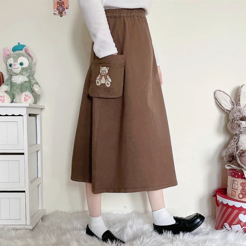 

Autumn Winter Japanese Kawaii Bear Printed Women Skirt Casual Cute Pattern Long Length A-Line High Waist Pocket Soft Girls Skirt