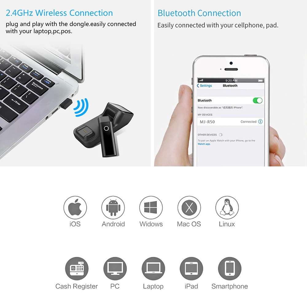  1D 2D Portable Bluetooth Wireless Barcode ScannerQR Code Reader BluetoothRead Screen Code for Mobil