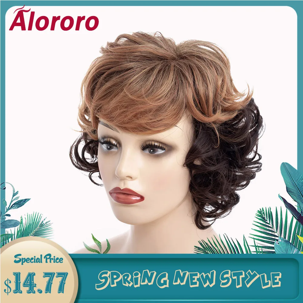 

Alororo Short Ombre Wigs for Women 12inch Brown Mix Color Synthetic Curly Style Wig High Temperature Wire Average Size Fake Hair