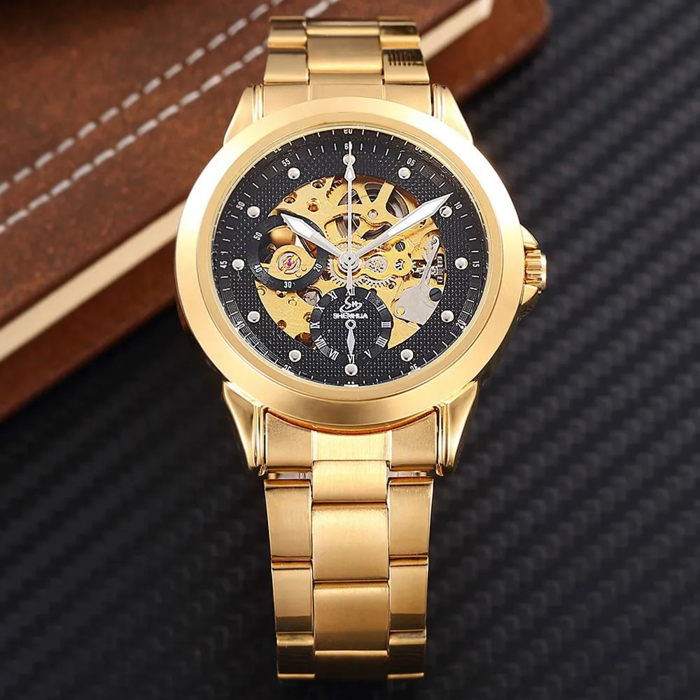 SHENHUA роскошные золотые мужские наручные часы из нержавеющей стали автоматические механические часы мужские тонкие часы мужские наручные часы reloj hombre - Цвет: JSH072black