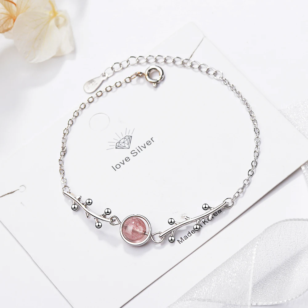 Листья ветки формы браслет с круглым круг натуральный Клубника Кристалл бисера Кулон 925 пробы Серебряный подарок S-B226