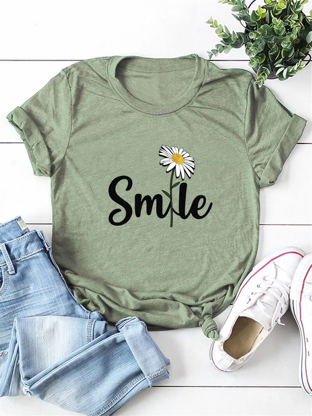 En oferta Camiseta de verano con estampado de flores y sonrisa para mujer, camisetas de manga corta para mujer, camisetas informales a la moda y9VKMd0VOQ7