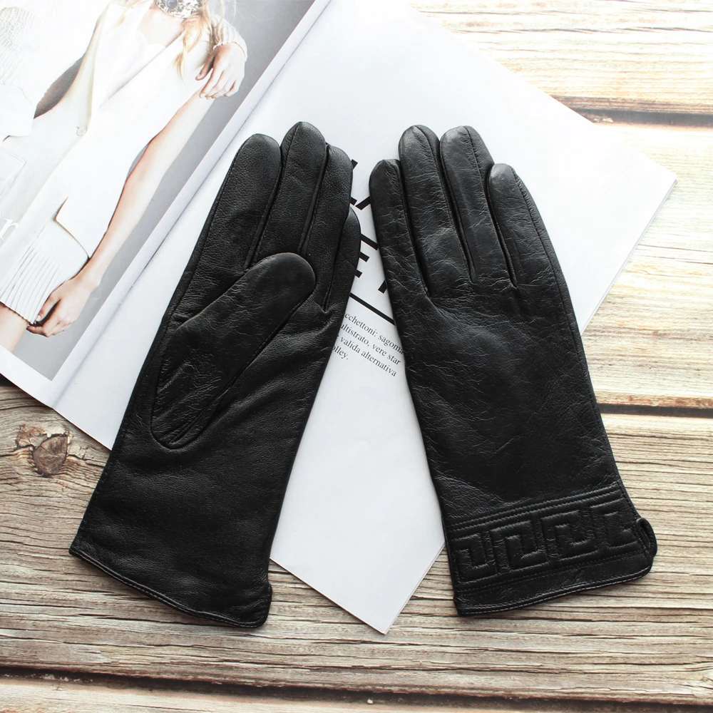 Elegant Women's Genuine Lambskin Leather Wrist Gloves with Metal Pendants  Black