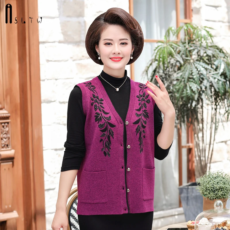ASLTW Women's Vest Plus Size V Neck Sleeveless Sweater Cardigan New Print Single-breasted Sweater Vest Coat Outwear Vest Women - Цвет: Фиолетовый