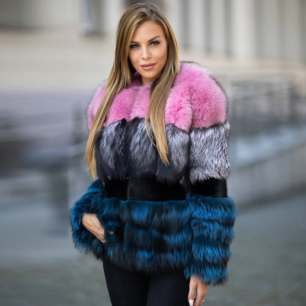 Natural Fox Fur Coat for Women Winter Outwear Fashion Color Patchwork Real Fox Fur Jacket Medium Length Thick Warm Fur Overcoats